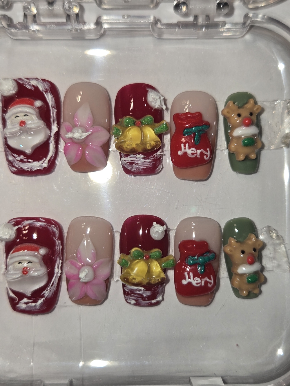 Holiday 3D Christmas Press-On Nails - Red, Nude & Green